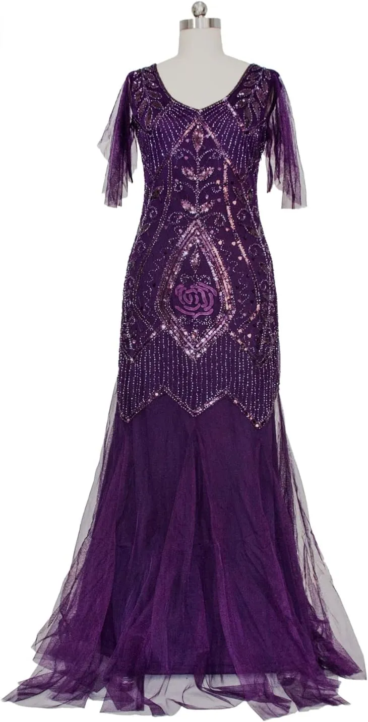 FAIRY COUPLE 1920s Floor-Length V-Back Sequined Embellished Prom Evening Dress D20S004