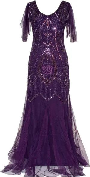 FAIRY COUPLE 1920s Floor-Length V-Back Sequined Embellished Prom Evening Dress D20S004