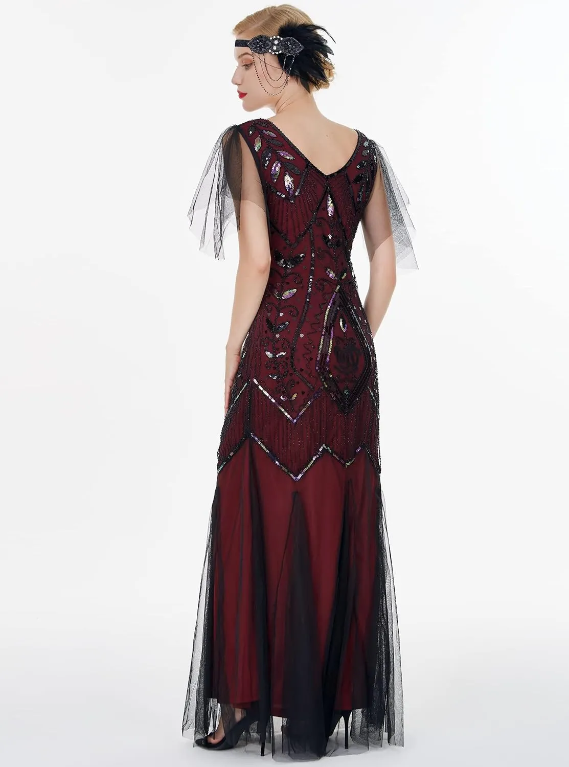 FAIRY COUPLE 1920s Floor-Length V-Back Sequined Embellished Prom Evening Dress D20S004