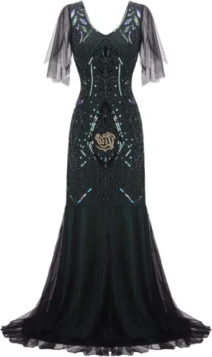 FAIRY COUPLE 1920s Floor-Length V-Back Sequined Embellished Prom Evening Dress D20S004