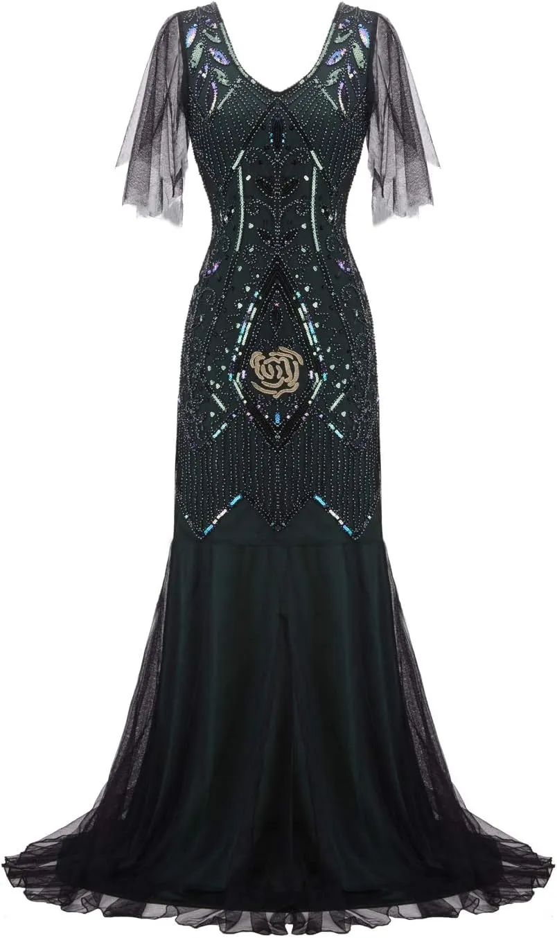 FAIRY COUPLE 1920s Floor-Length V-Back Sequined Embellished Prom Evening Dress D20S004