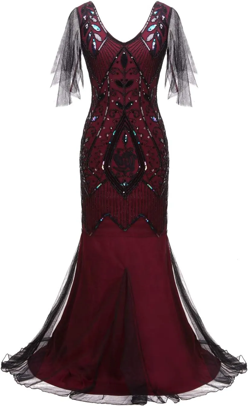 FAIRY COUPLE 1920s Floor-Length V-Back Sequined Embellished Prom Evening Dress D20S004