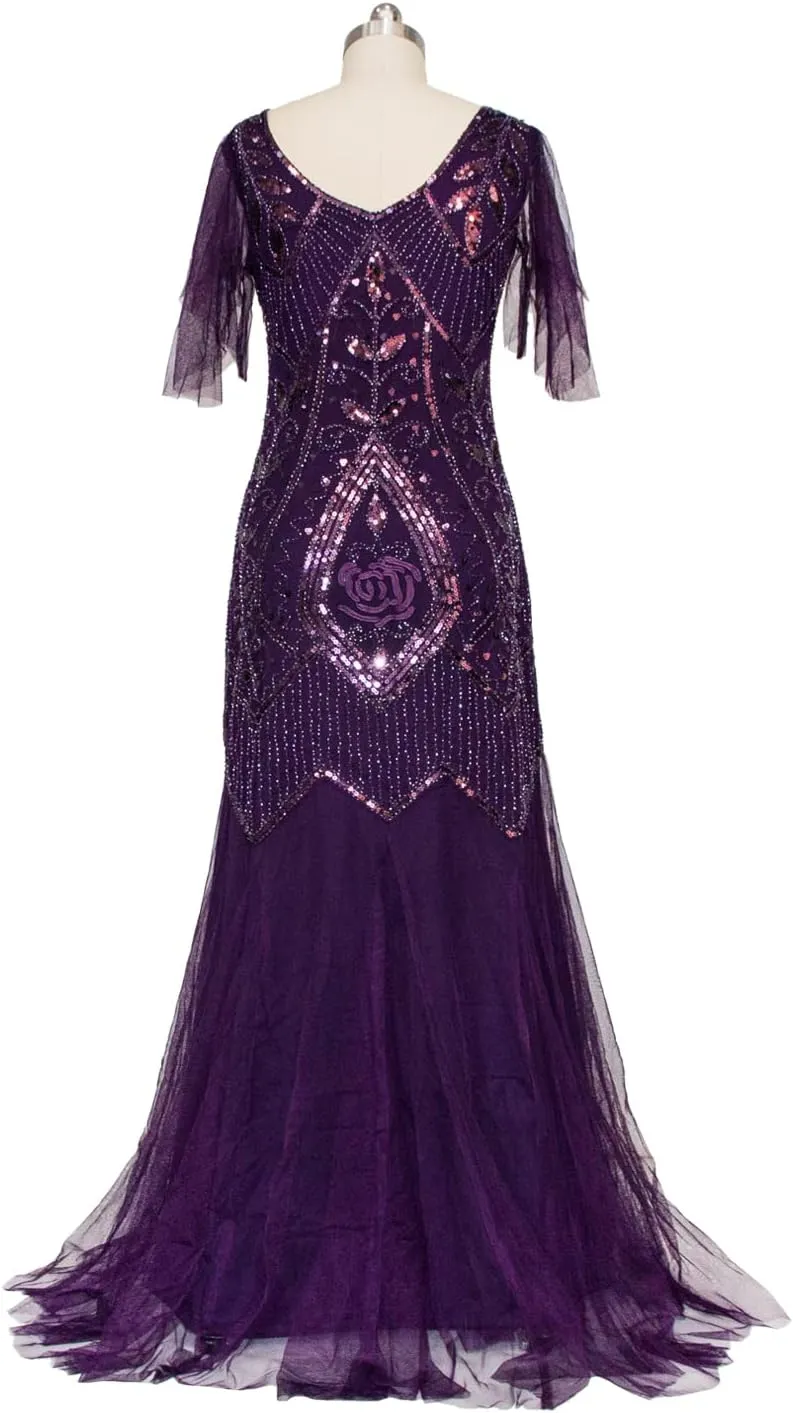 FAIRY COUPLE 1920s Floor-Length V-Back Sequined Embellished Prom Evening Dress D20S004