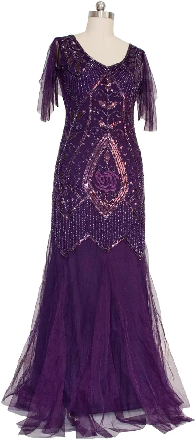 FAIRY COUPLE 1920s Floor-Length V-Back Sequined Embellished Prom Evening Dress D20S004