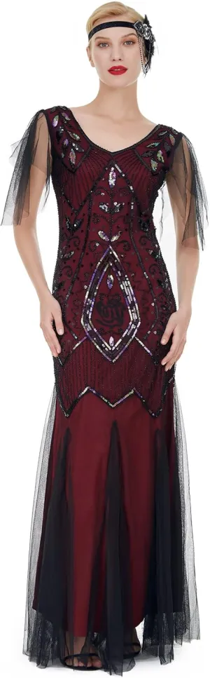 FAIRY COUPLE 1920s Floor-Length V-Back Sequined Embellished Prom Evening Dress D20S004