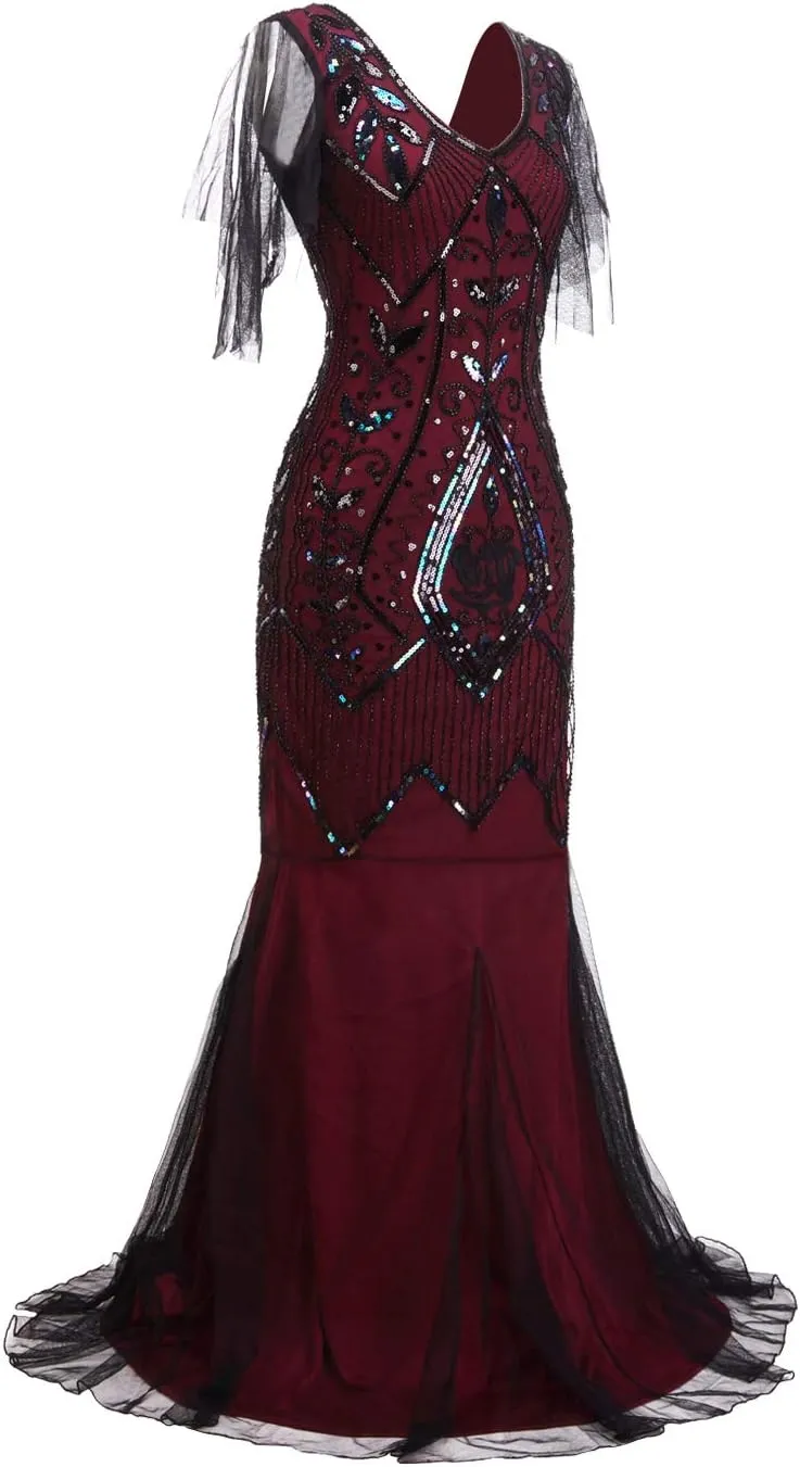 FAIRY COUPLE 1920s Floor-Length V-Back Sequined Embellished Prom Evening Dress D20S004