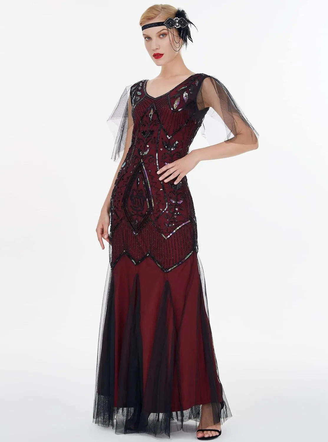 FAIRY COUPLE 1920s Floor-Length V-Back Sequined Embellished Prom Evening Dress D20S004