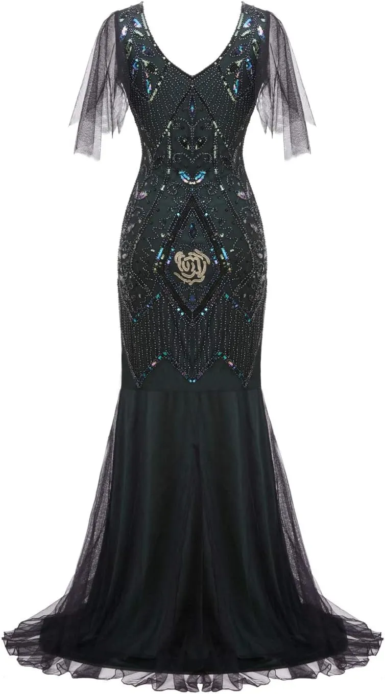 FAIRY COUPLE 1920s Floor-Length V-Back Sequined Embellished Prom Evening Dress D20S004