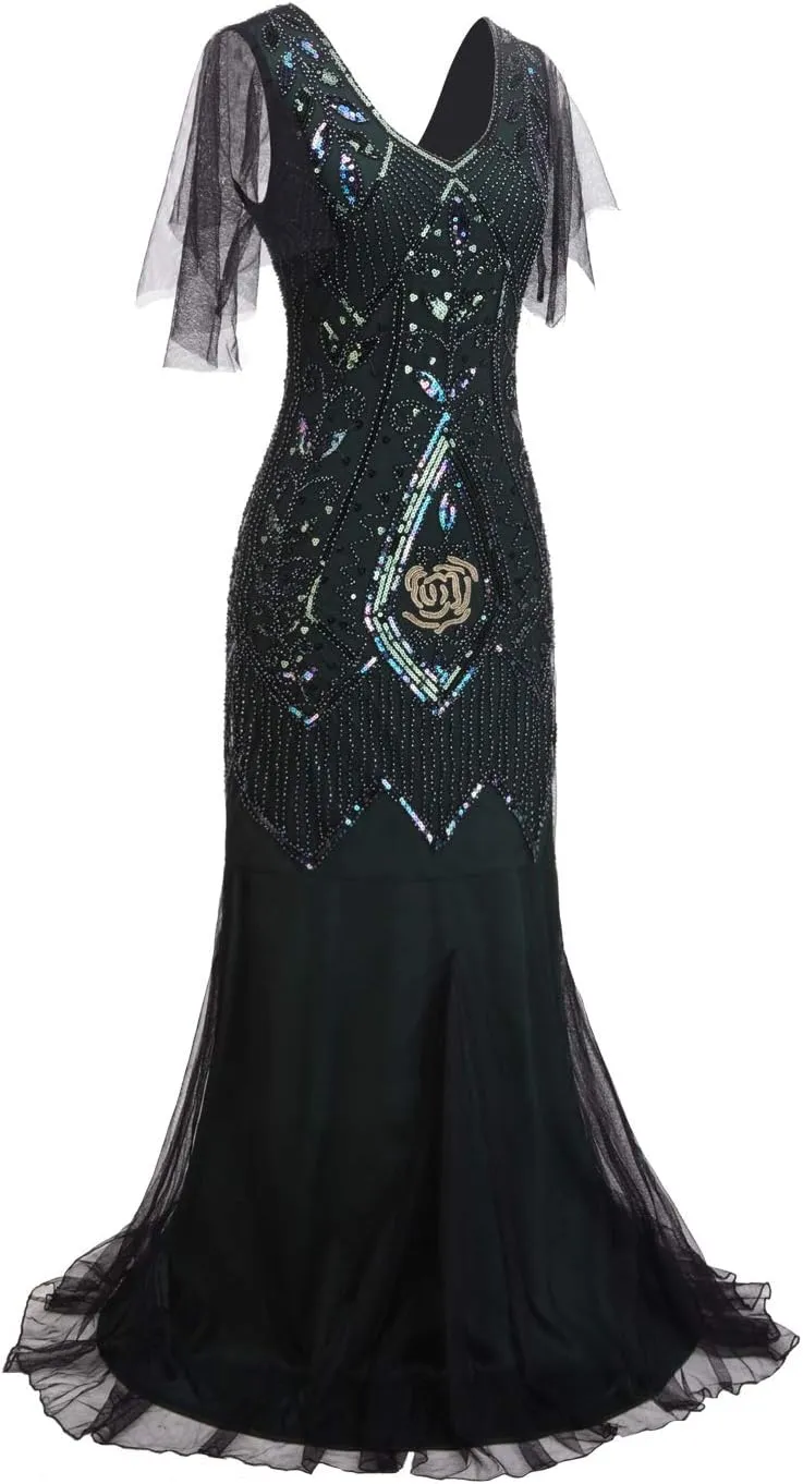 FAIRY COUPLE 1920s Floor-Length V-Back Sequined Embellished Prom Evening Dress D20S004