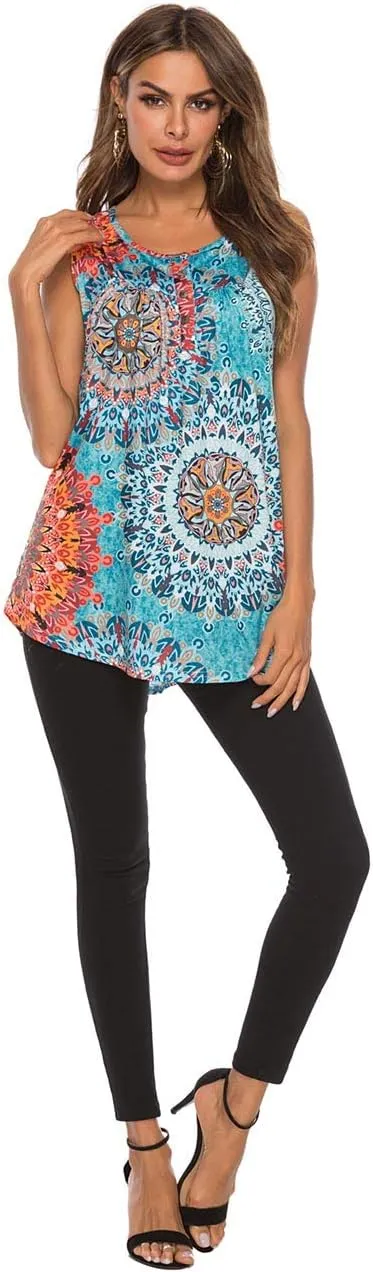 Famulily Women's Flowy Tank Tops Summer Sleeveless Loose Fit Pleated Tunic Shirts