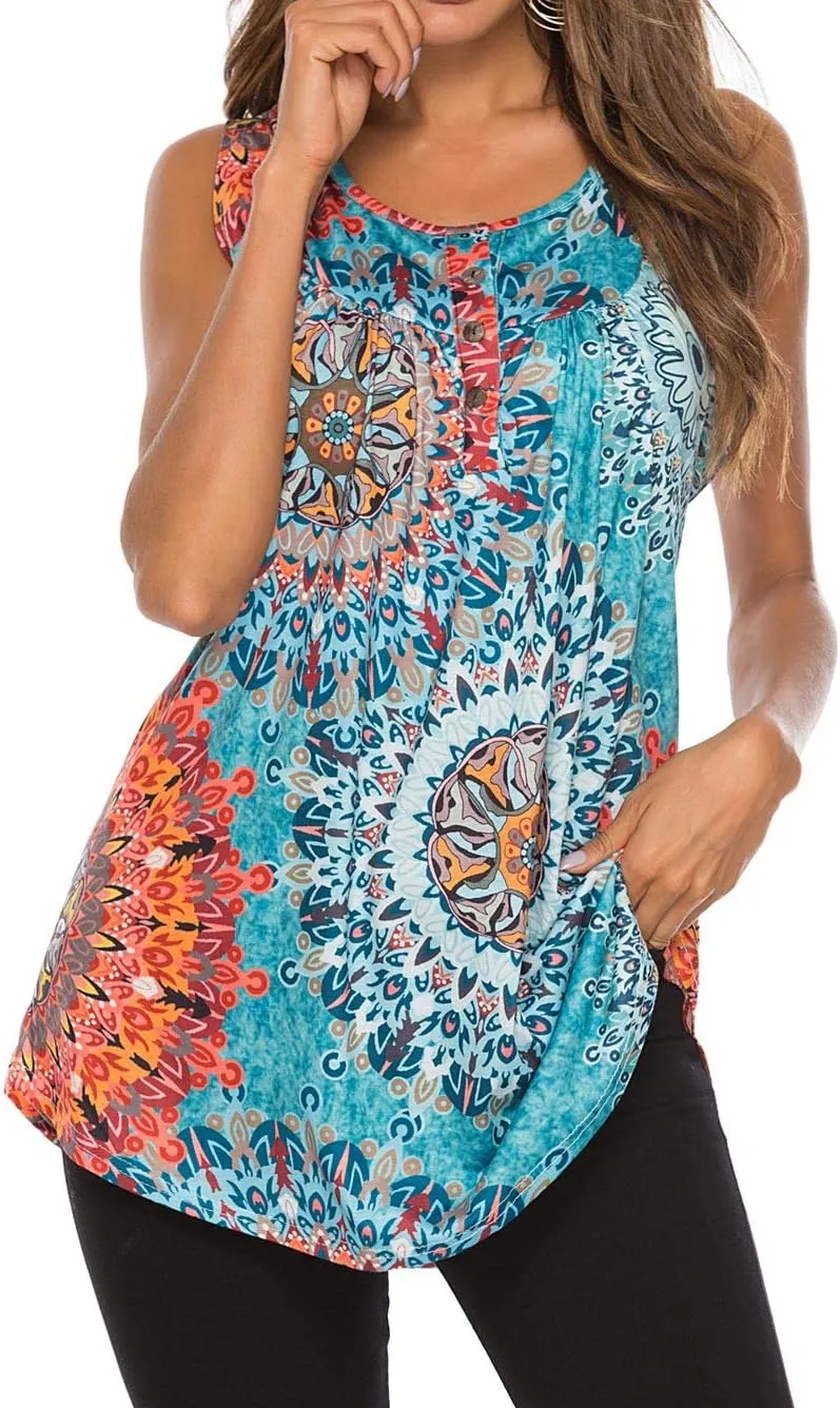 Famulily Women's Flowy Tank Tops Summer Sleeveless Loose Fit Pleated Tunic Shirts