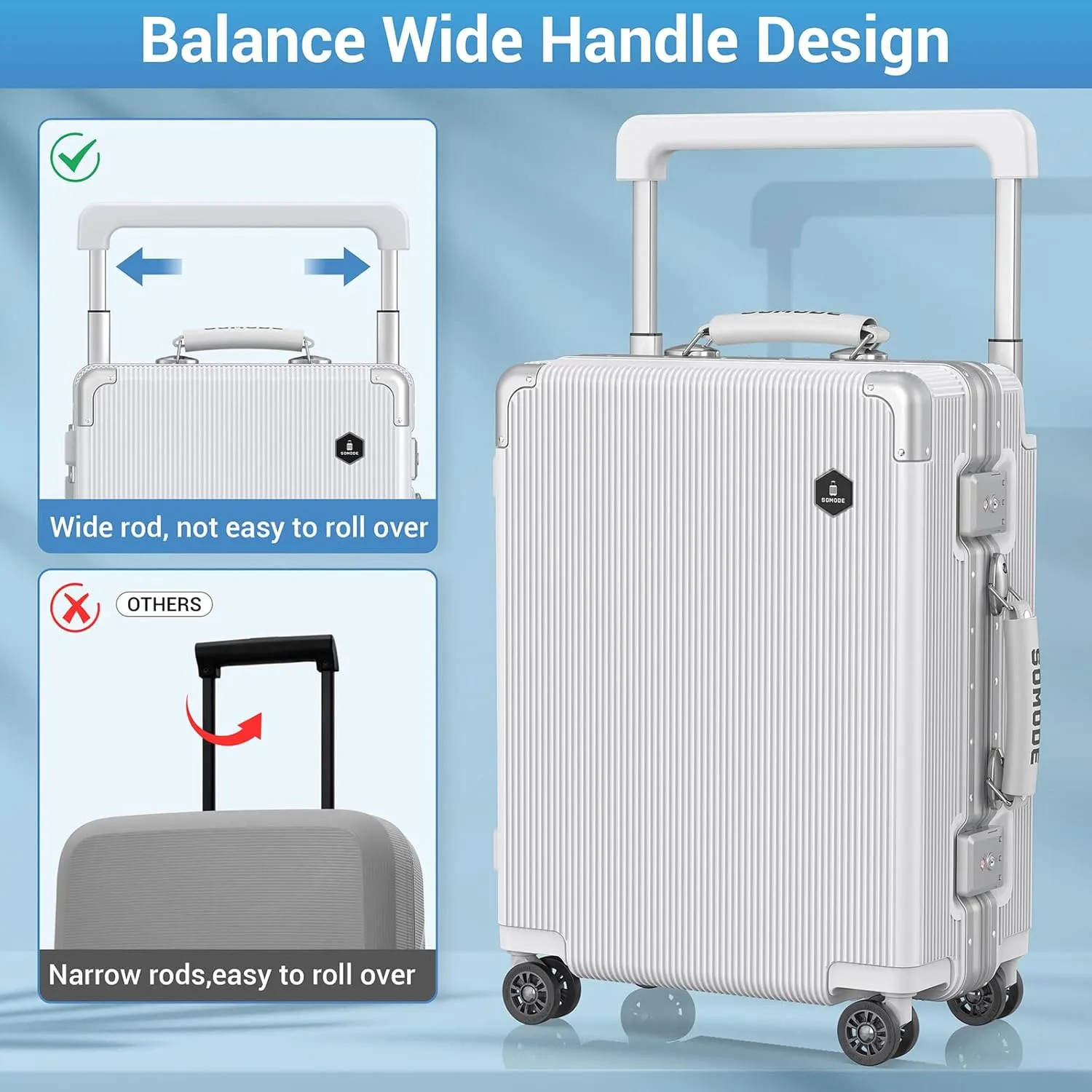 Fashion Carry on Luggage with Wide Handle Keeps the Suitcase Steady & TSA Lock & 360 Spinner Wheels Protects Your Luggage, Aluminum Carry on luggage Make You the Center of Attention in the Crowd.