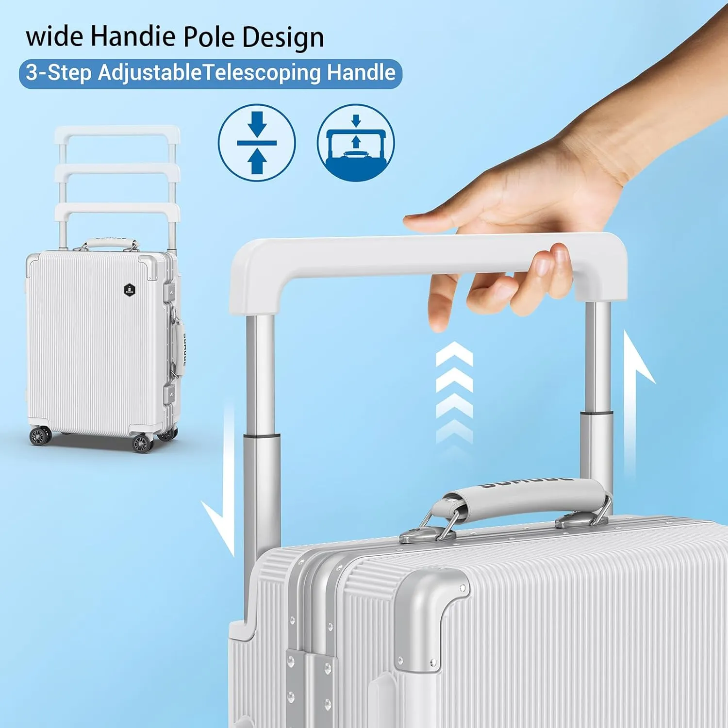 Fashion Carry on Luggage with Wide Handle Keeps the Suitcase Steady & TSA Lock & 360 Spinner Wheels Protects Your Luggage, Aluminum Carry on luggage Make You the Center of Attention in the Crowd.