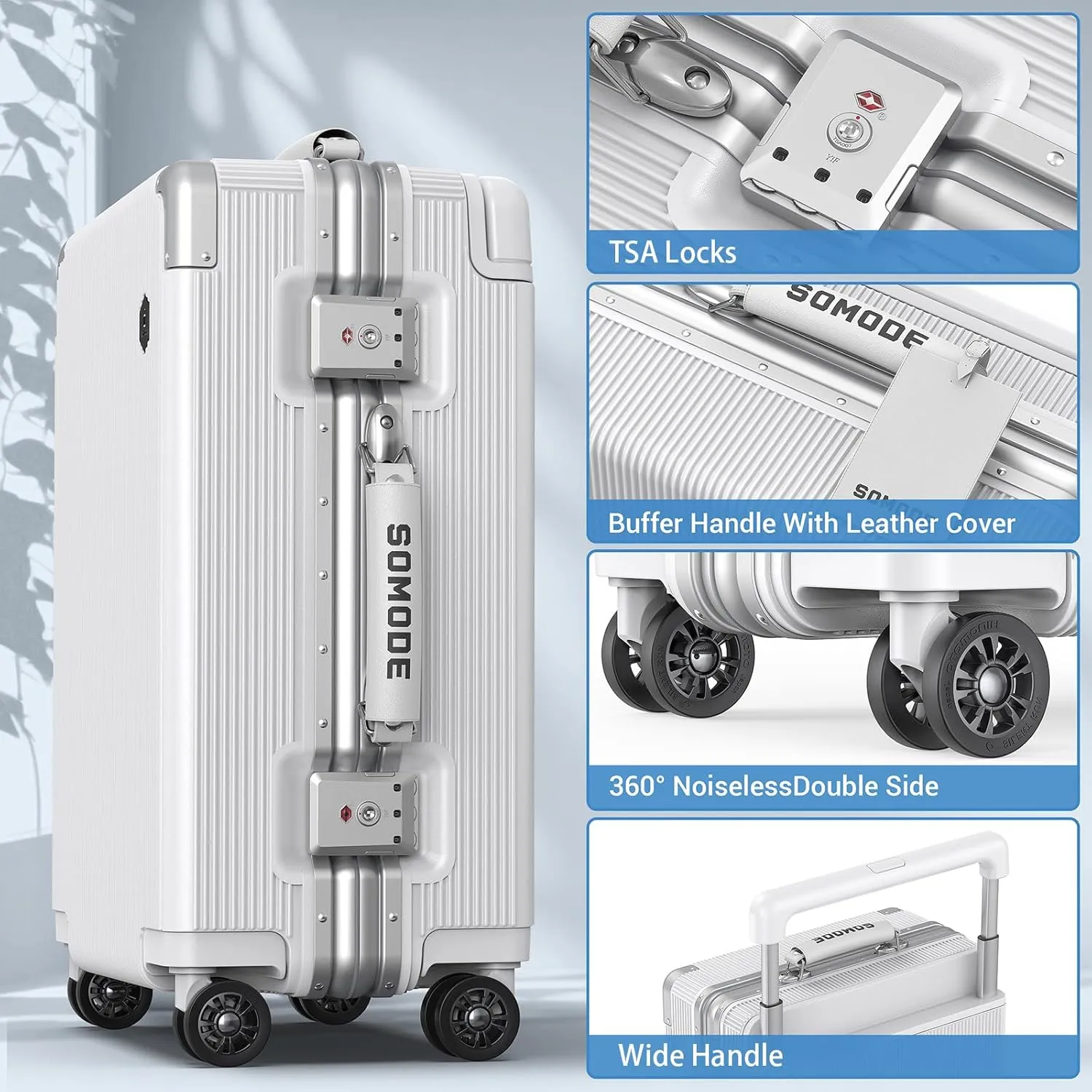 Fashion Carry on Luggage with Wide Handle Keeps the Suitcase Steady & TSA Lock & 360 Spinner Wheels Protects Your Luggage, Aluminum Carry on luggage Make You the Center of Attention in the Crowd.