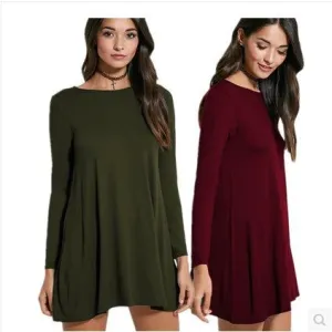 Fashion Pure Color Long Sleeve Loose Short Dress