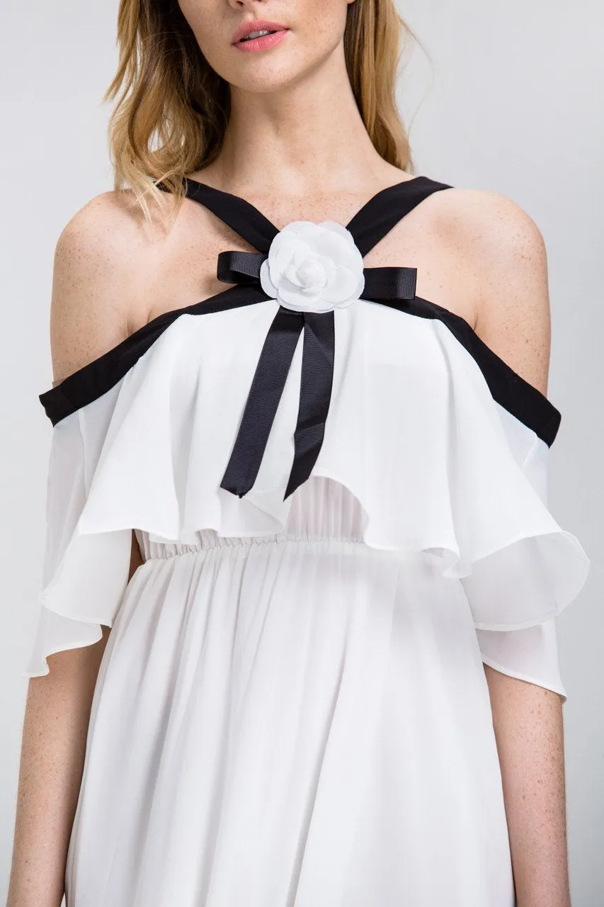 Fatima Almomen - White Chiffon Black Strap Off the Shoulder Midi Dress