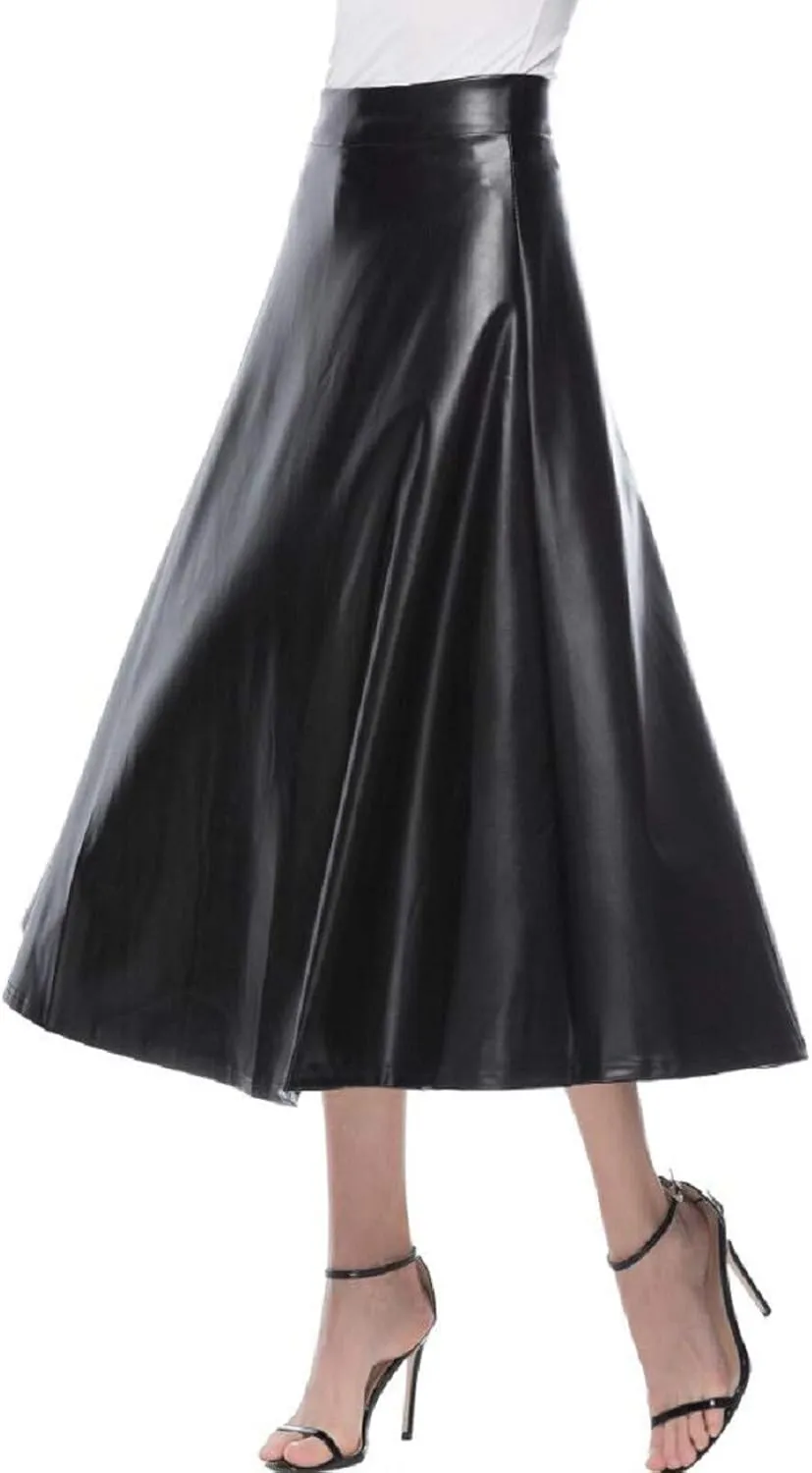 Faux Leather A Line Womens High Waist Skirts Pleather Midi Long Skirt Solid Color Casual Dress for Women Flowy Outfit