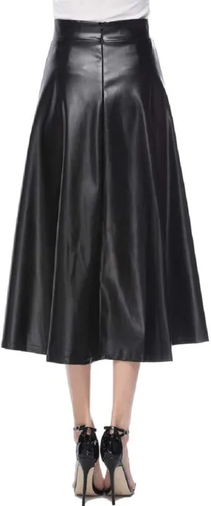Faux Leather A Line Womens High Waist Skirts Pleather Midi Long Skirt Solid Color Casual Dress for Women Flowy Outfit