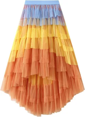 Femiserah Women's Long High Low Ruffles Party Tulle Skirt Maxi Tiered Rainbow Tutu Skirt