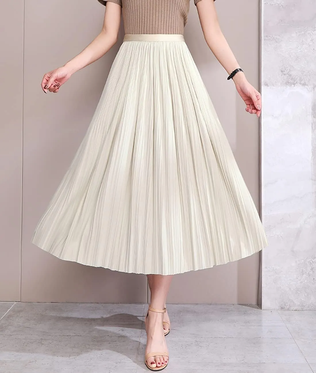 Femiserah Women's Pleated Midi Skirt High Waist Chiffon Elastic Skirts A-Line for Summer