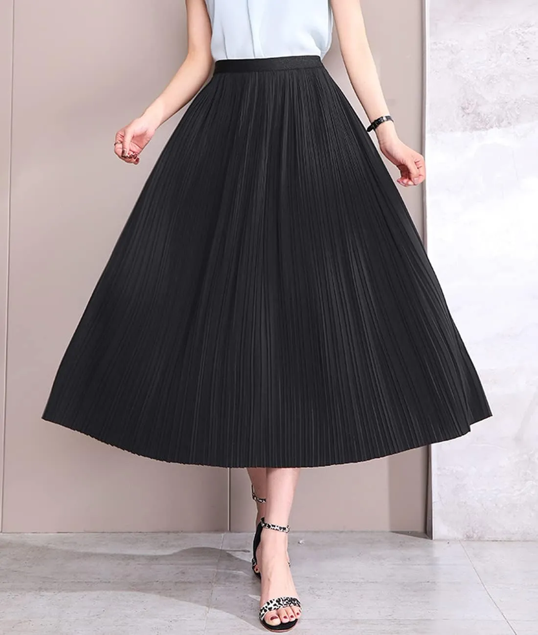 Femiserah Women's Pleated Midi Skirt High Waist Chiffon Elastic Skirts A-Line for Summer