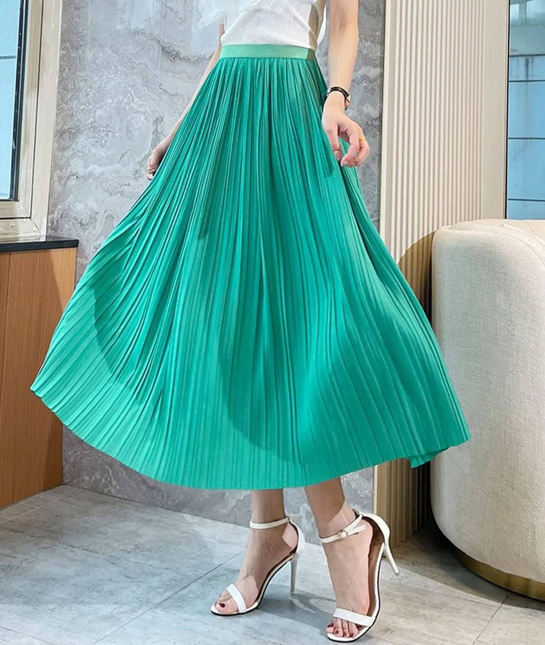 Femiserah Women's Pleated Midi Skirt High Waist Chiffon Elastic Skirts A-Line for Summer