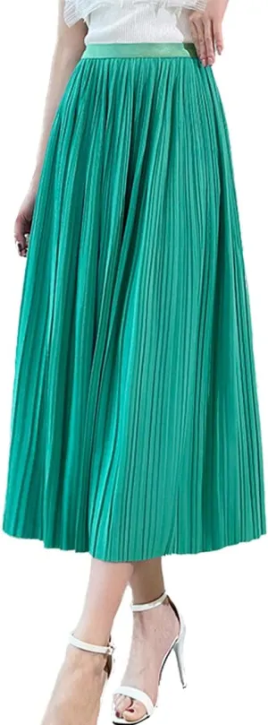 Femiserah Women's Pleated Midi Skirt High Waist Chiffon Elastic Skirts A-Line for Summer