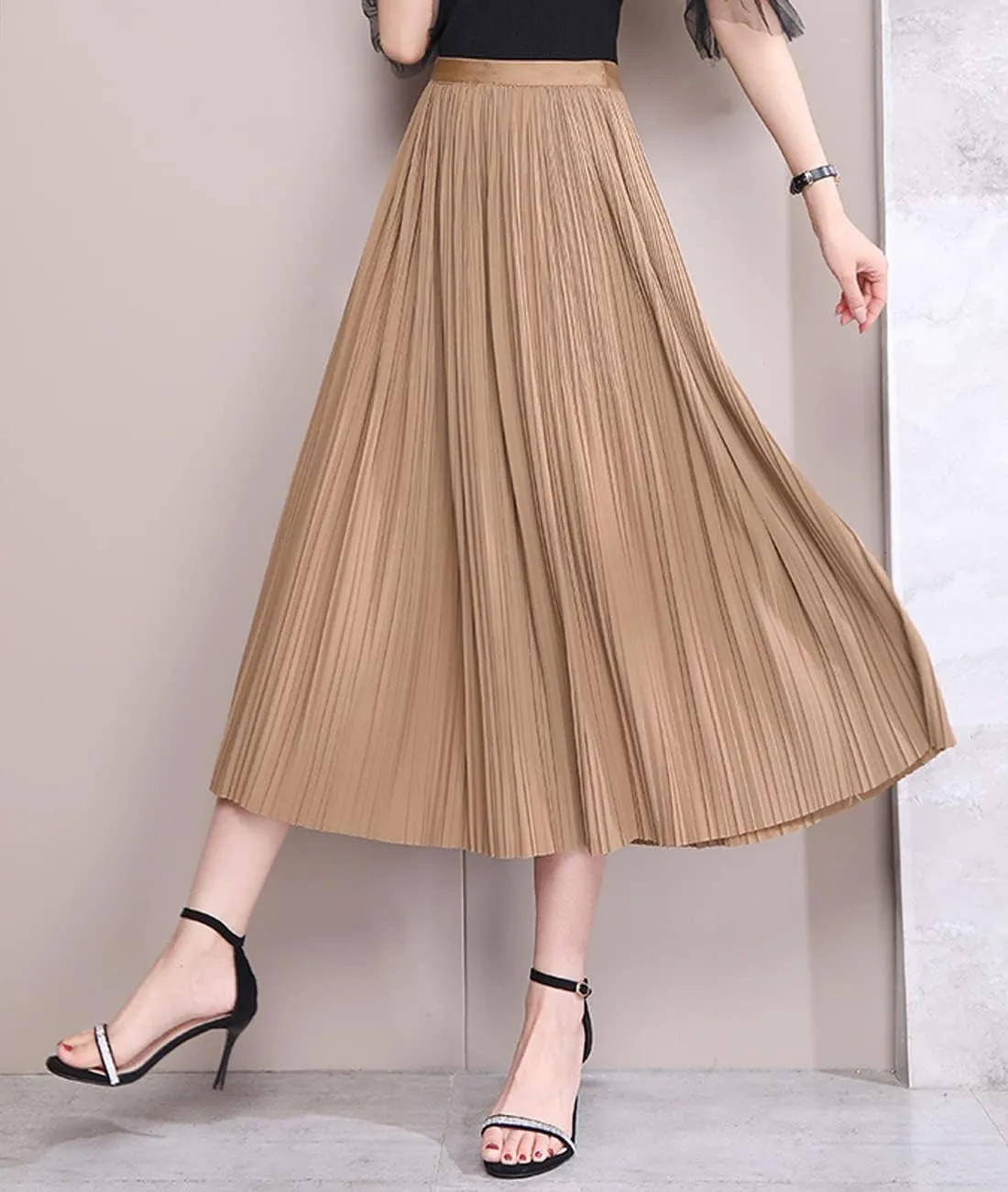 Femiserah Women's Pleated Midi Skirt High Waist Chiffon Elastic Skirts A-Line for Summer