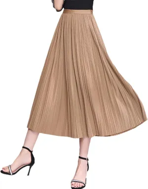 Femiserah Women's Pleated Midi Skirt High Waist Chiffon Elastic Skirts A-Line for Summer