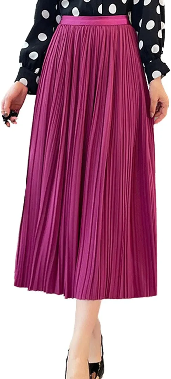 Femiserah Women's Pleated Midi Skirt High Waist Chiffon Elastic Skirts A-Line for Summer