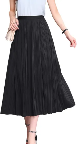 Femiserah Women's Pleated Midi Skirt High Waist Chiffon Elastic Skirts A-Line for Summer
