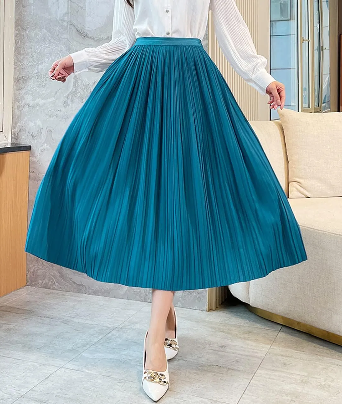Femiserah Women's Pleated Midi Skirt High Waist Chiffon Elastic Skirts A-Line for Summer
