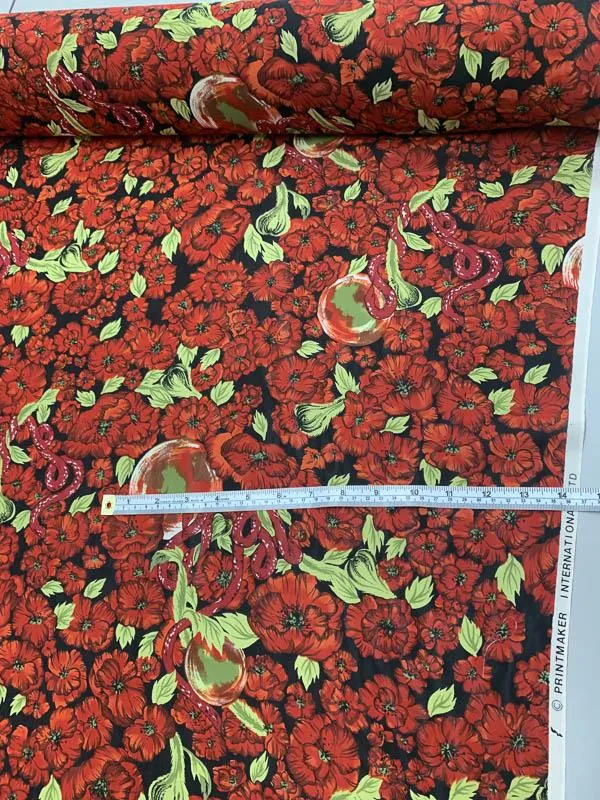 Floral Apple and Snake Printed Silk Georgette - Red / Black
