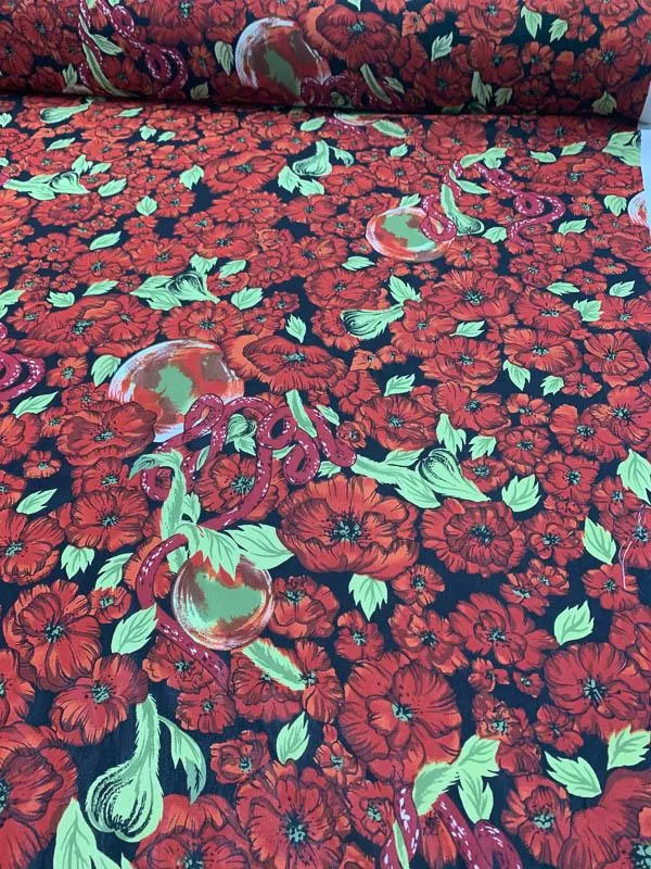 Floral Apple and Snake Printed Silk Georgette - Red / Black