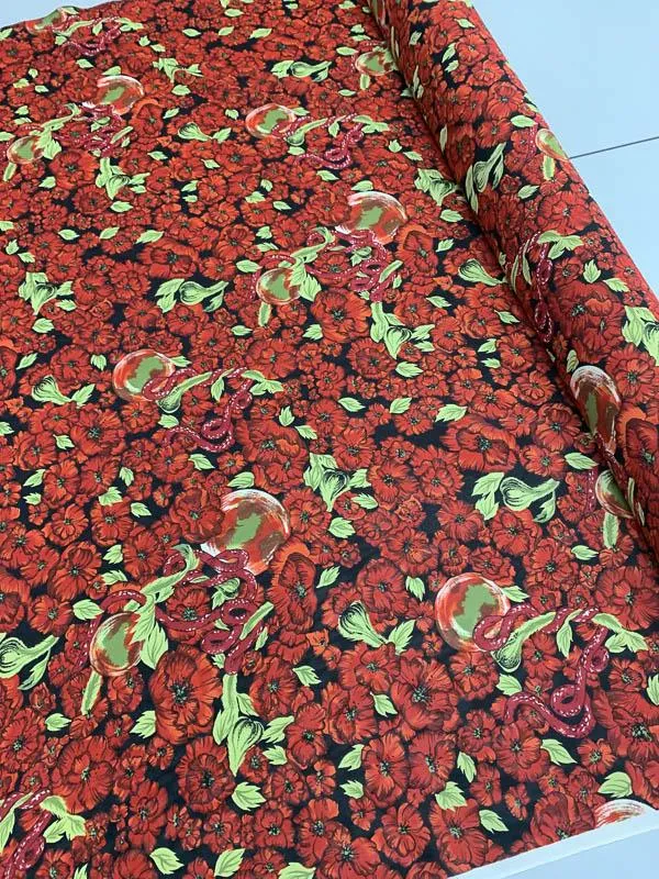Floral Apple and Snake Printed Silk Georgette - Red / Black