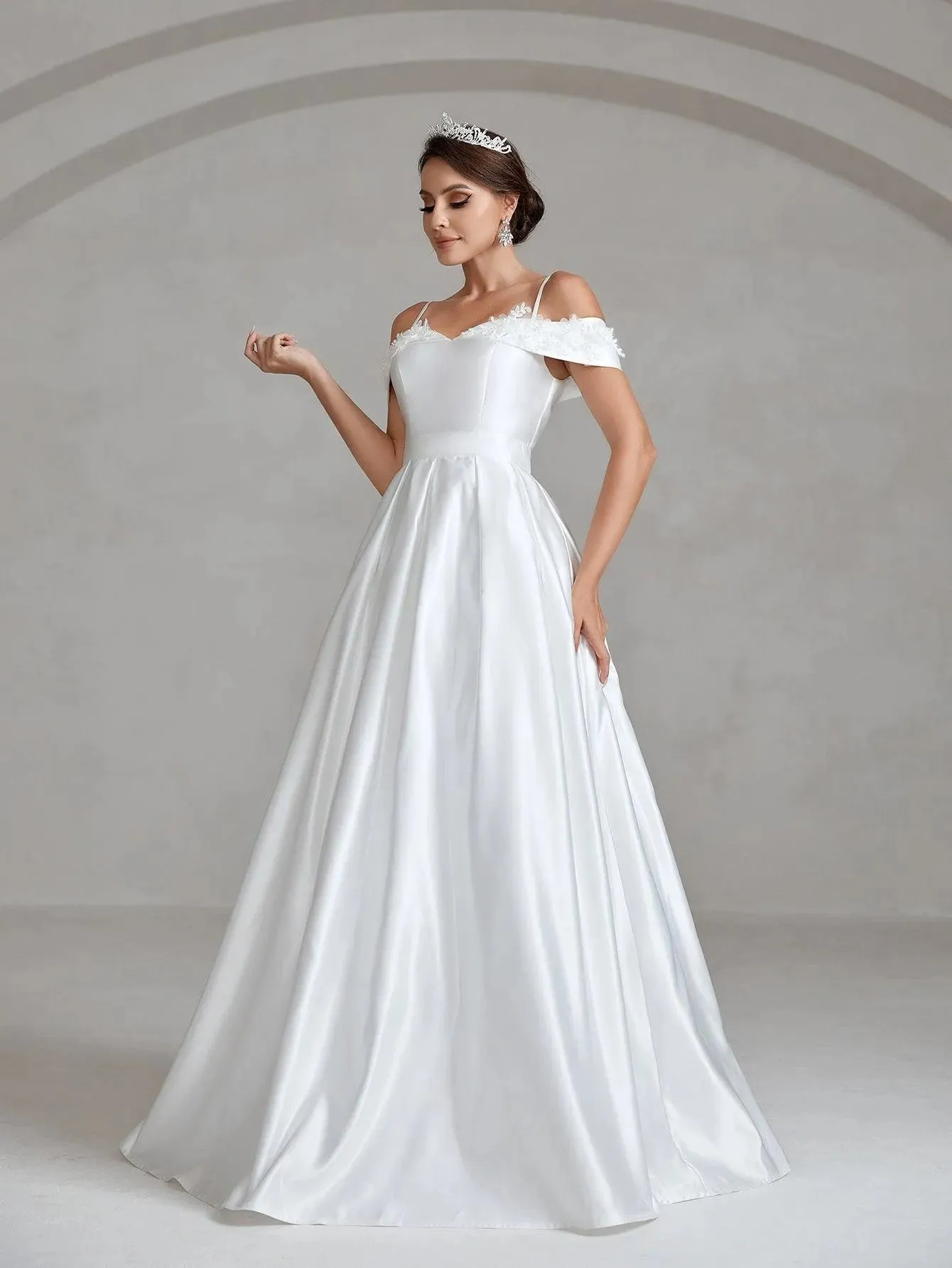 Floral Applique Cold Shoulder Satin Wedding Dresses