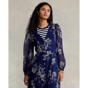 Floral Button-Front Chiffon Dress