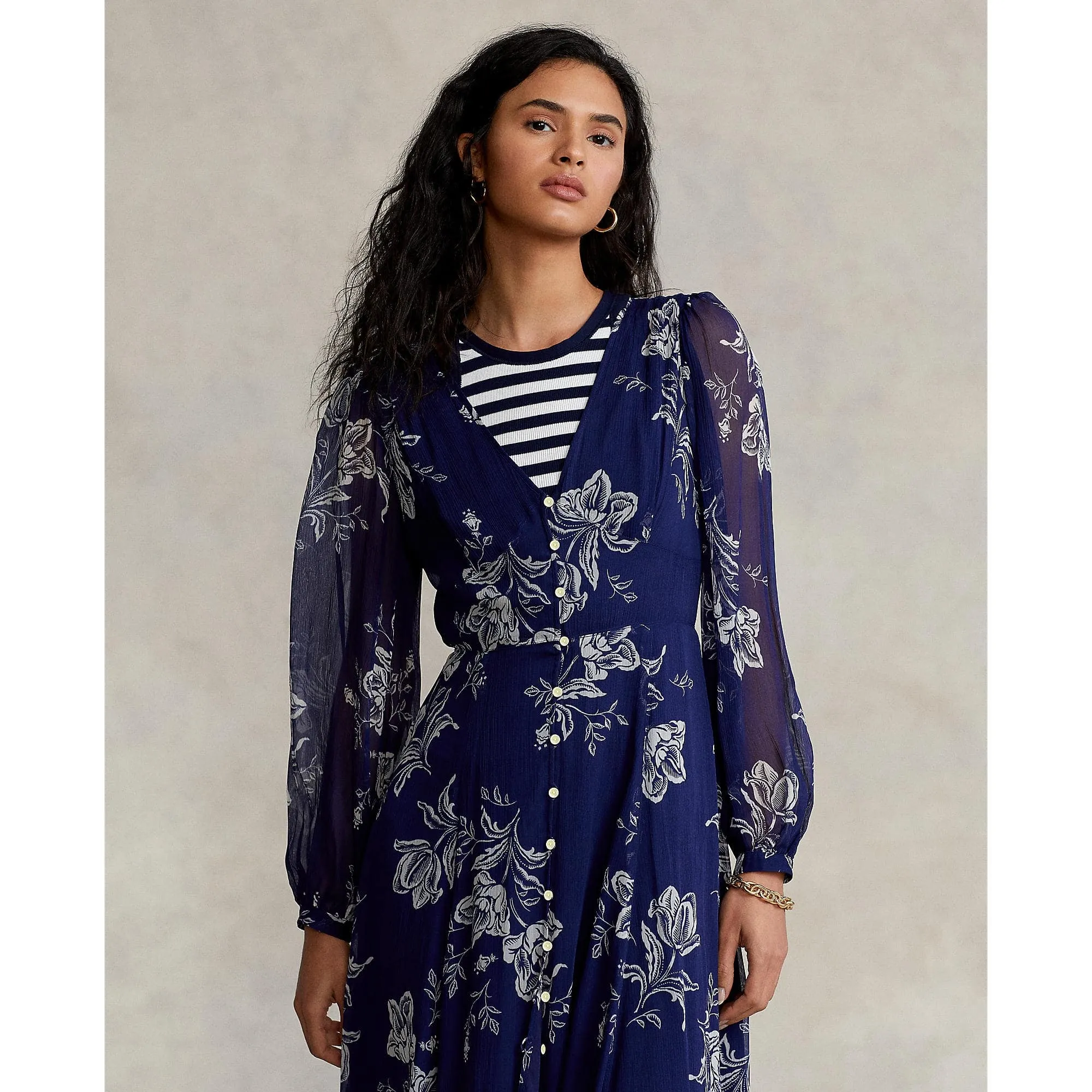 Floral Button-Front Chiffon Dress