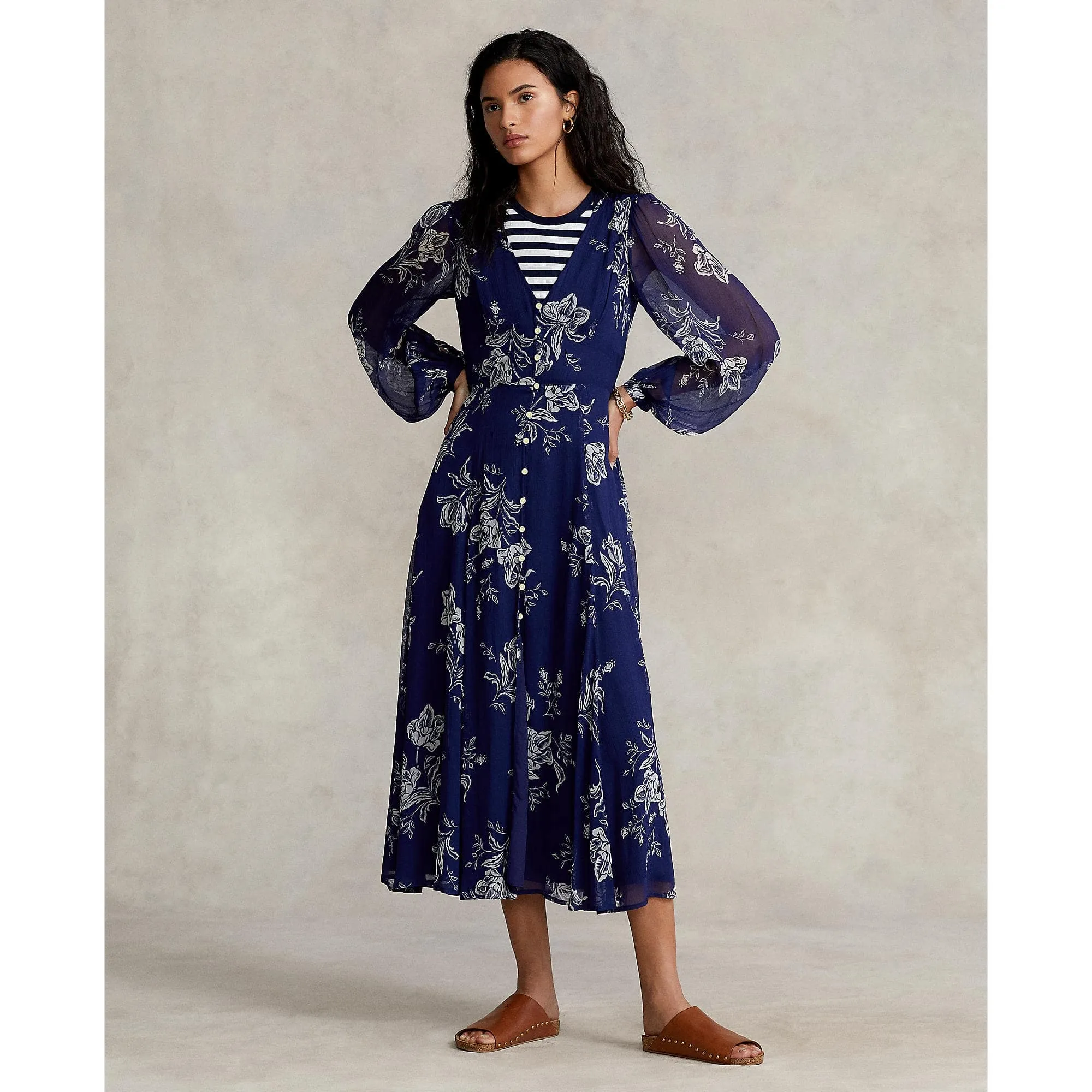 Floral Button-Front Chiffon Dress