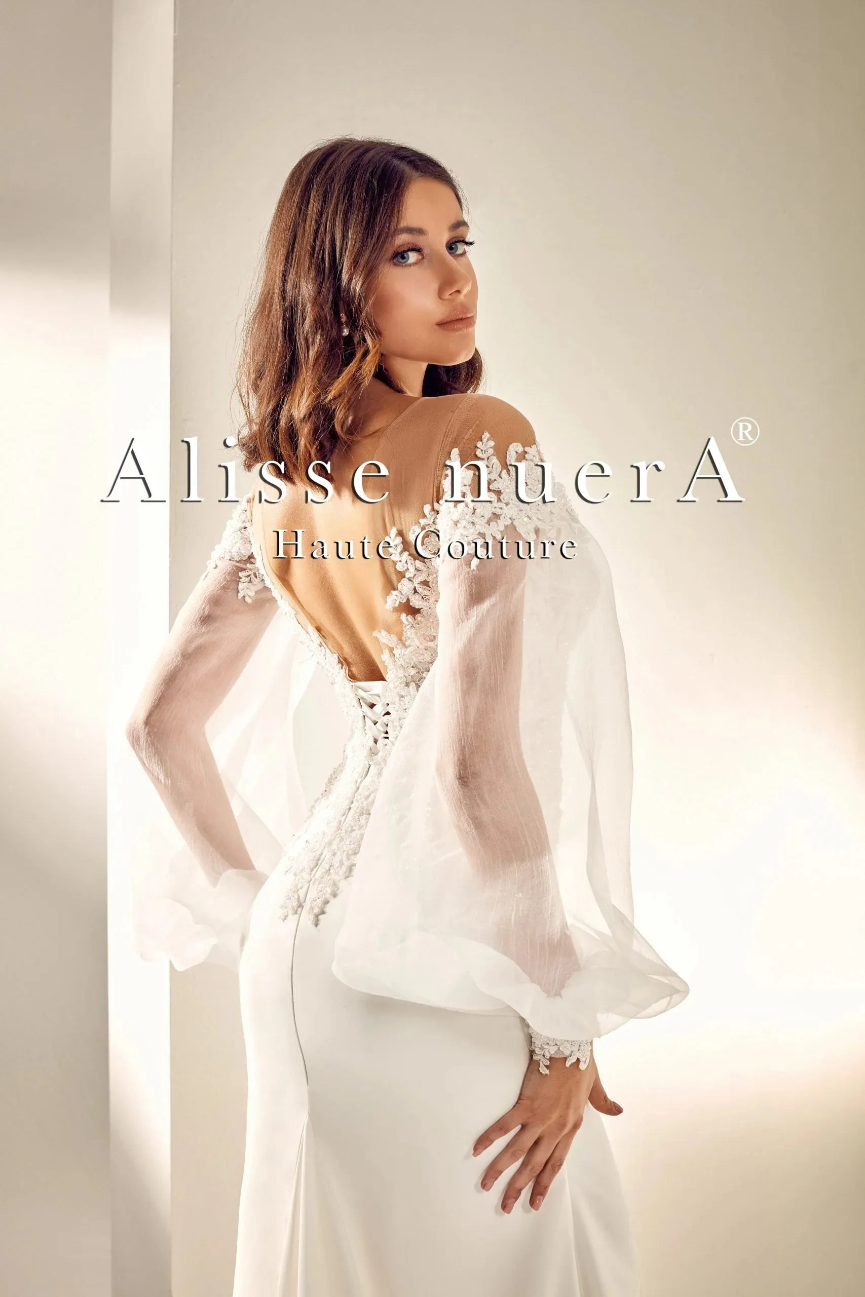 Floral Lace V Neck Wedding Dress with Balloon Sleeve