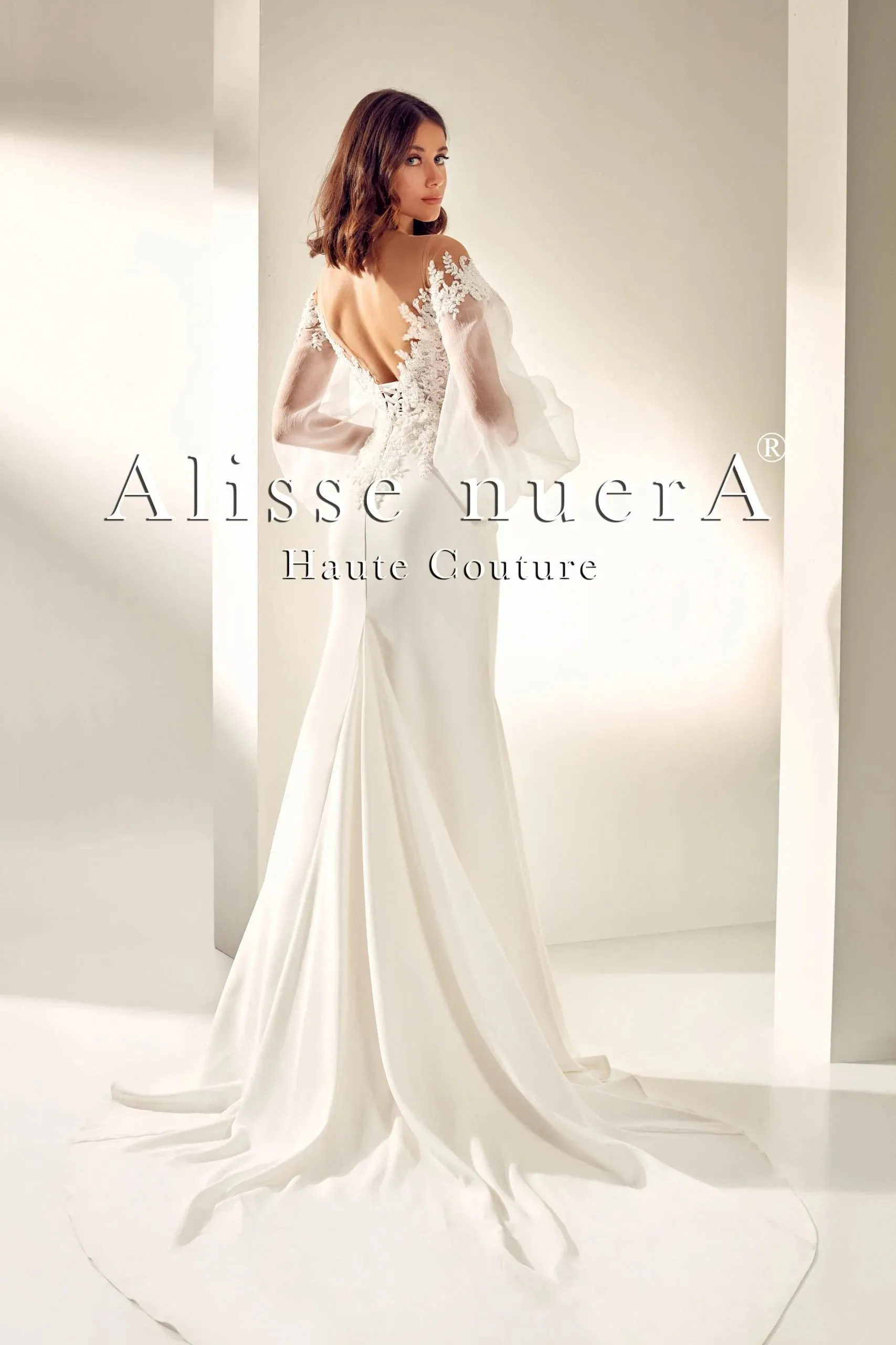 Floral Lace V Neck Wedding Dress with Balloon Sleeve
