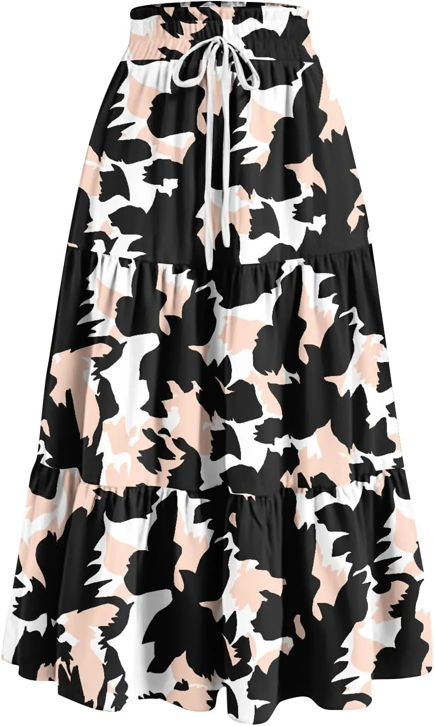 Floral Maxi Skirt for Women Summer Comfy Tiered Elastic High Waisted Skirts Vacation A-Line Flowy Swing Long Skirt