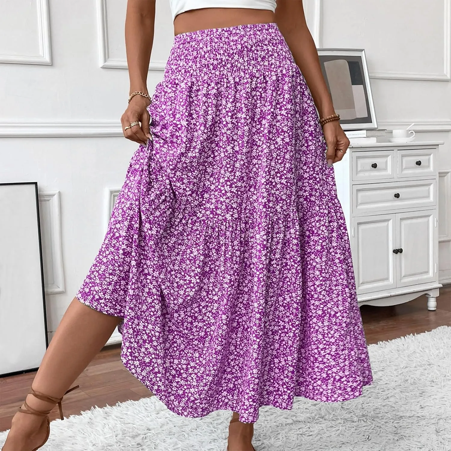 Floral Maxi Skirts for Women Trendy Summer Casual Boho Long Flowy Skirt Smocked Elastic High Waisted A Line Skirt