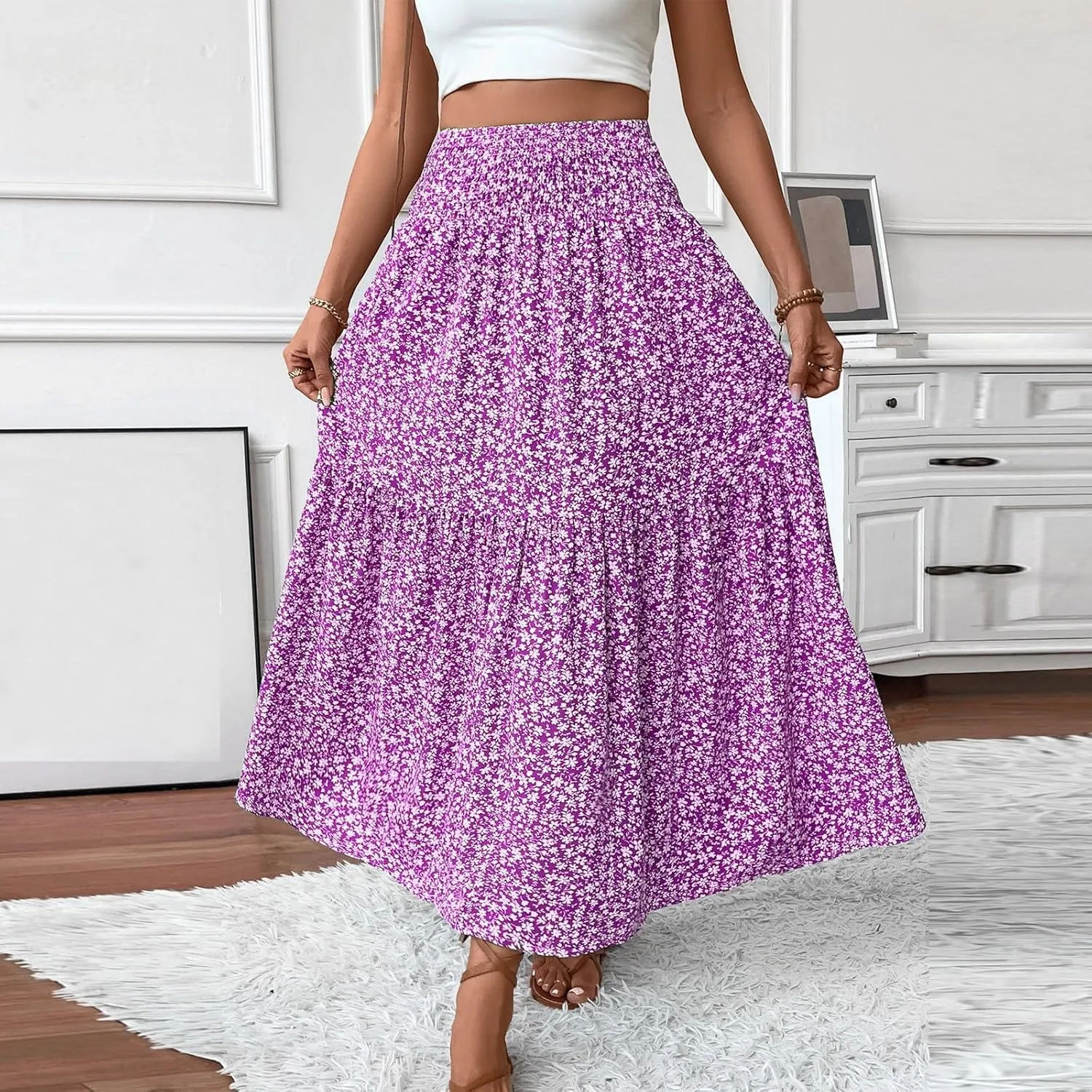 Floral Maxi Skirts for Women Trendy Summer Casual Boho Long Flowy Skirt Smocked Elastic High Waisted A Line Skirt