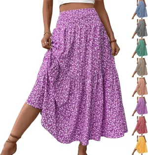 Floral Maxi Skirts for Women Trendy Summer Casual Boho Long Flowy Skirt Smocked Elastic High Waisted A Line Skirt