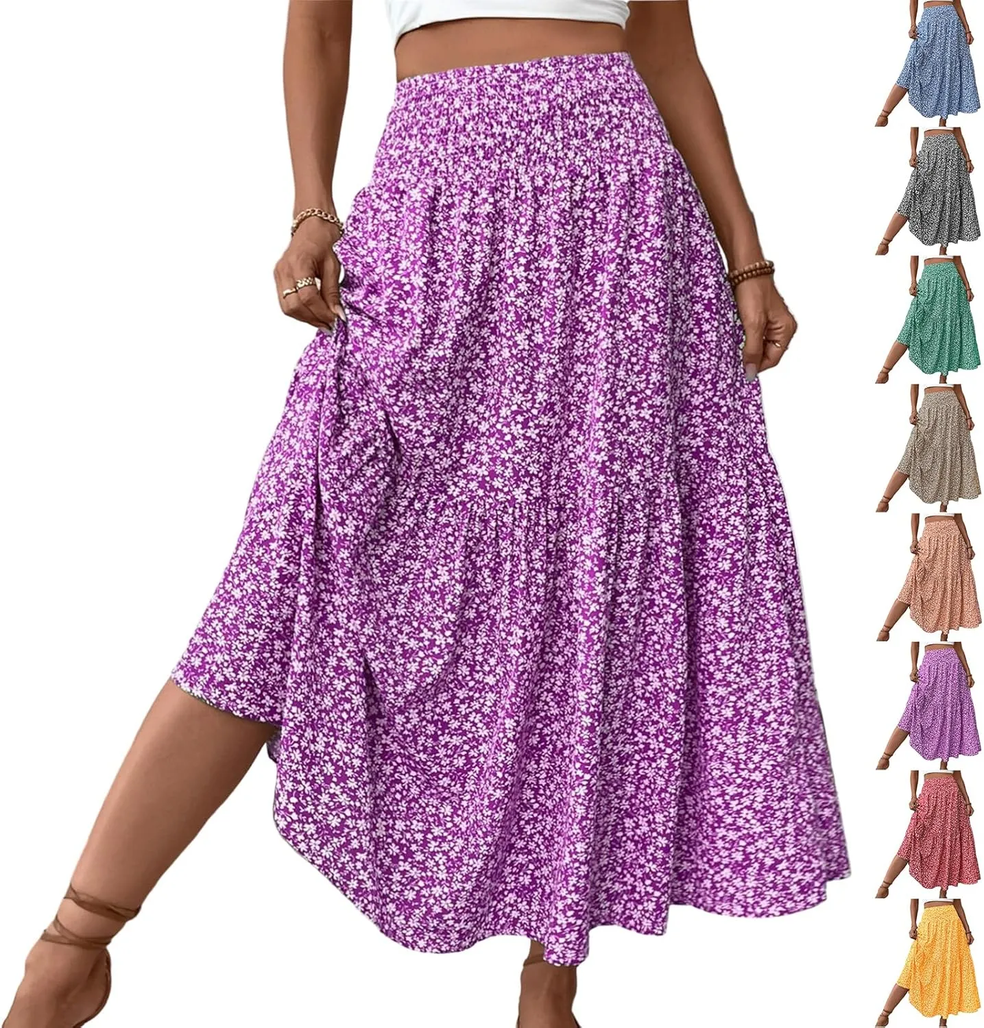 Floral Maxi Skirts for Women Trendy Summer Casual Boho Long Flowy Skirt Smocked Elastic High Waisted A Line Skirt