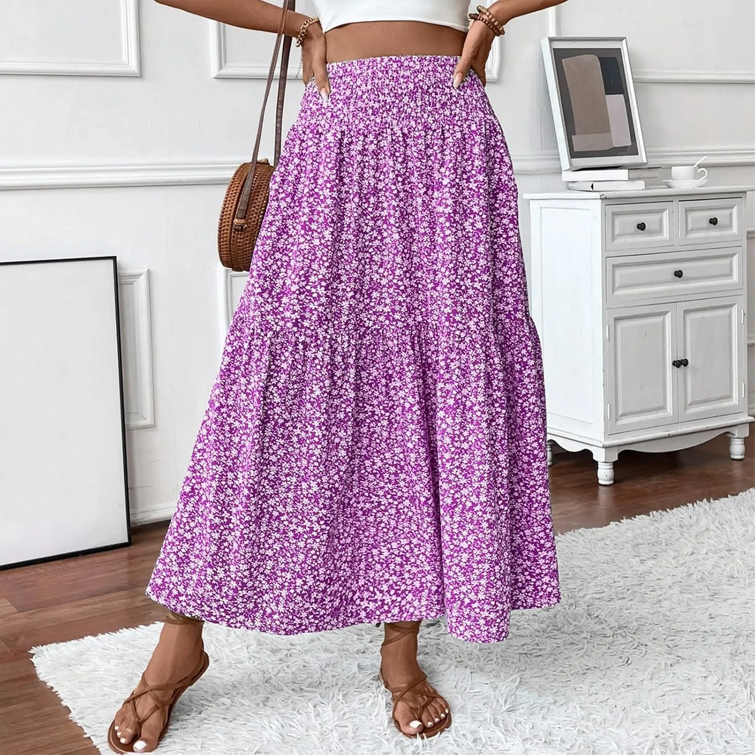 Floral Maxi Skirts for Women Trendy Summer Casual Boho Long Flowy Skirt Smocked Elastic High Waisted A Line Skirt