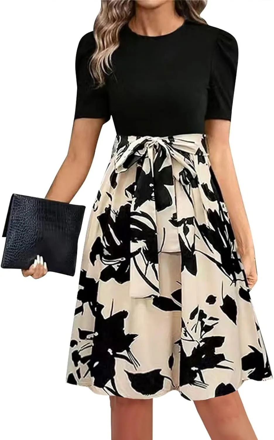 Floral Mini Dress for Women Causal Summer Tie Empire Waist Wrap Dress Short Sleeve Knee Length Flowy Ruffle Dresses