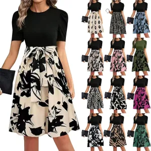 Floral Mini Dress for Women Causal Summer Tie Empire Waist Wrap Dress Short Sleeve Knee Length Flowy Ruffle Dresses