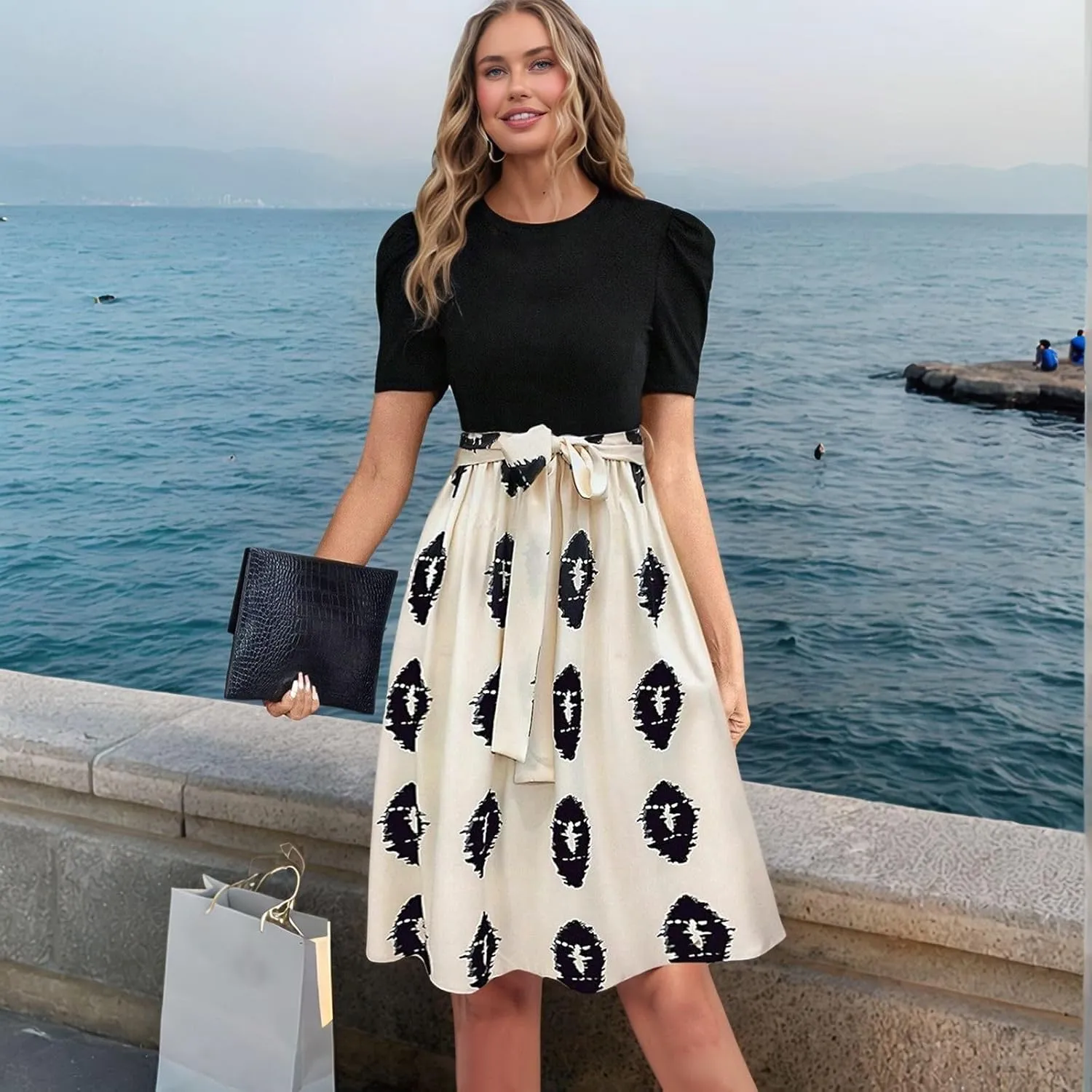 Floral Mini Dress for Women Causal Summer Tie Empire Waist Wrap Dress Short Sleeve Knee Length Flowy Ruffle Dresses